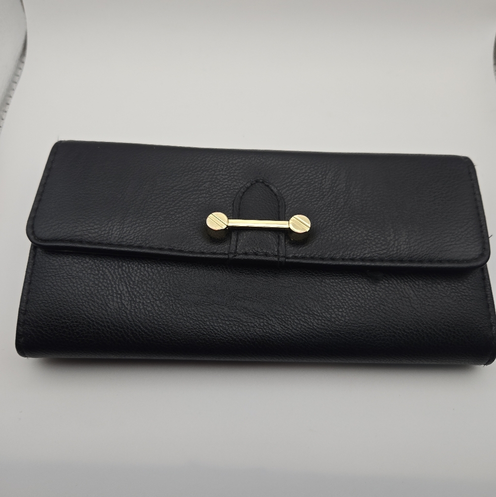 🖤 Black Faux Leather Clutch Wallet | Gold Bar Snap Closure | Long Wallet